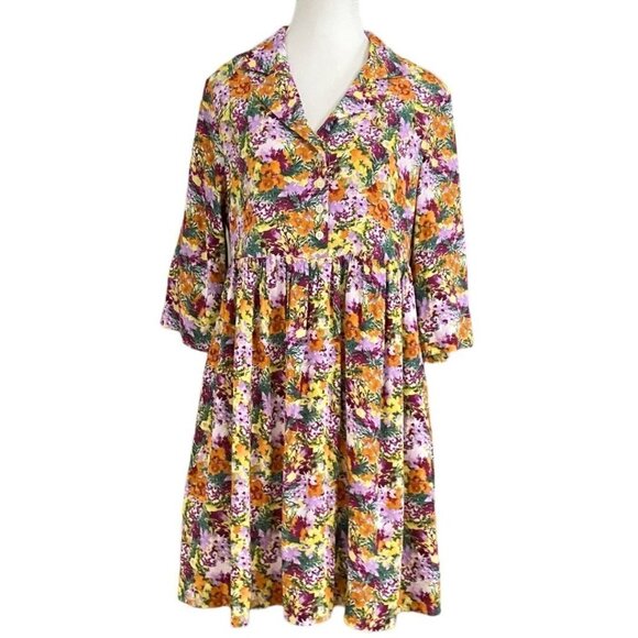 FRANK AND OAK THE BABYDOLL COLORFUL FLORAL HALF SLEEVE DRESS IN MULBERRY - XS - Picture 2 of 11
